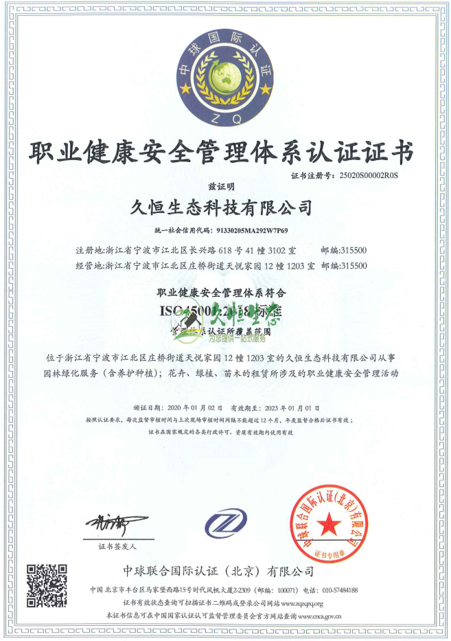 杭州余杭职业健康安全管理体系ISO45001证书